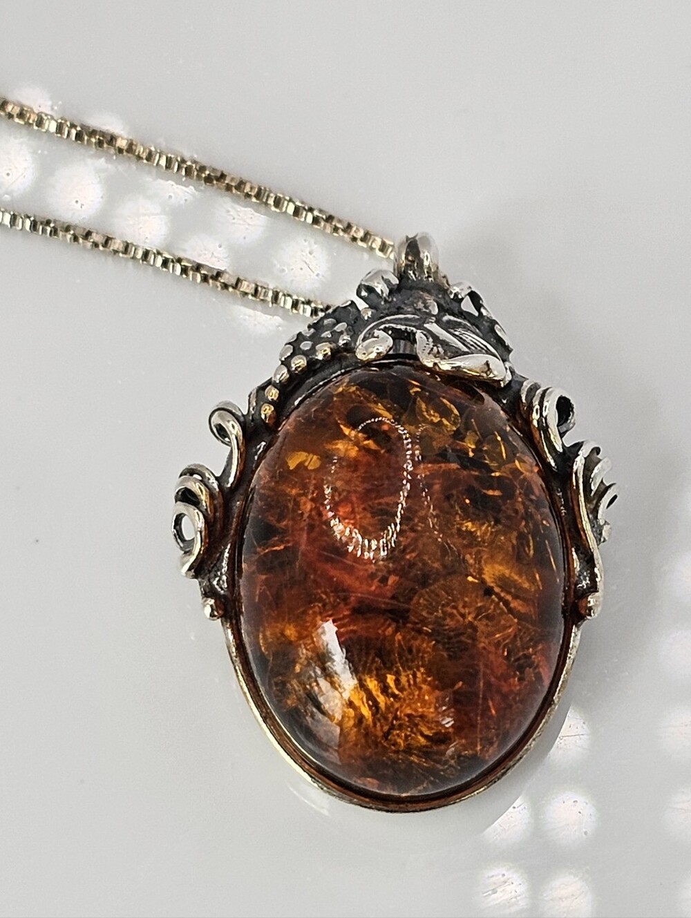 Vintage Polish Valerio Baltic Amber Pendant & Sterling Silver Box Chain 18" - Picture 6 of 12